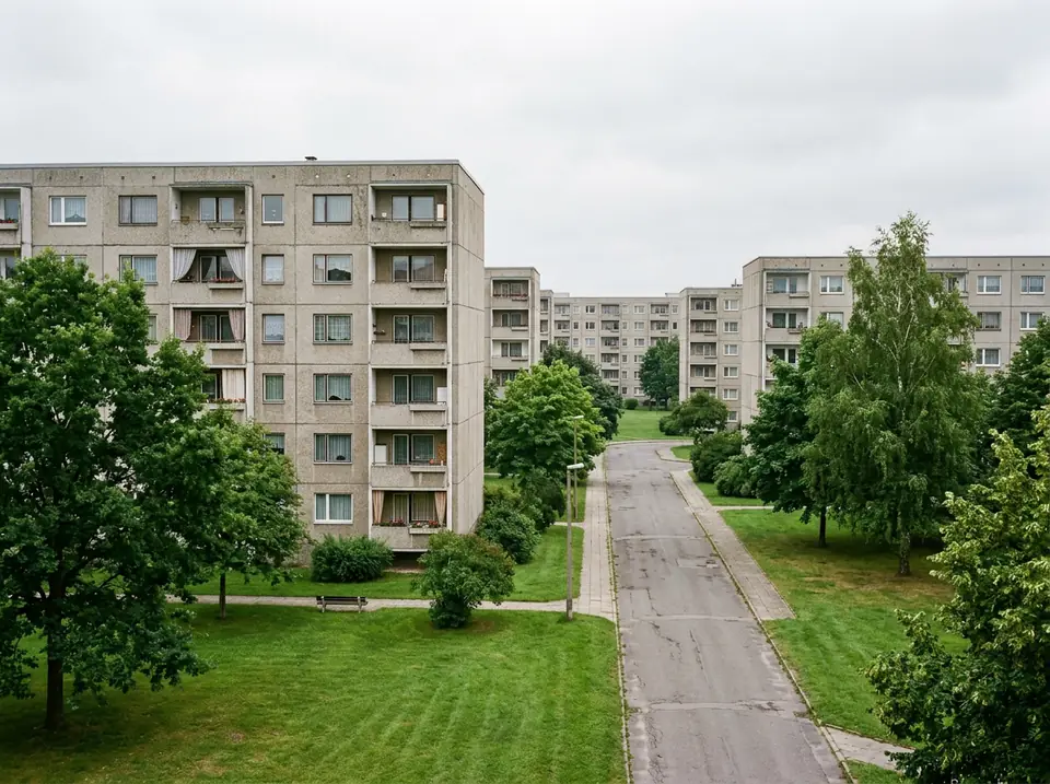 Panelházas lakótelep füves udvarral és belső úttal